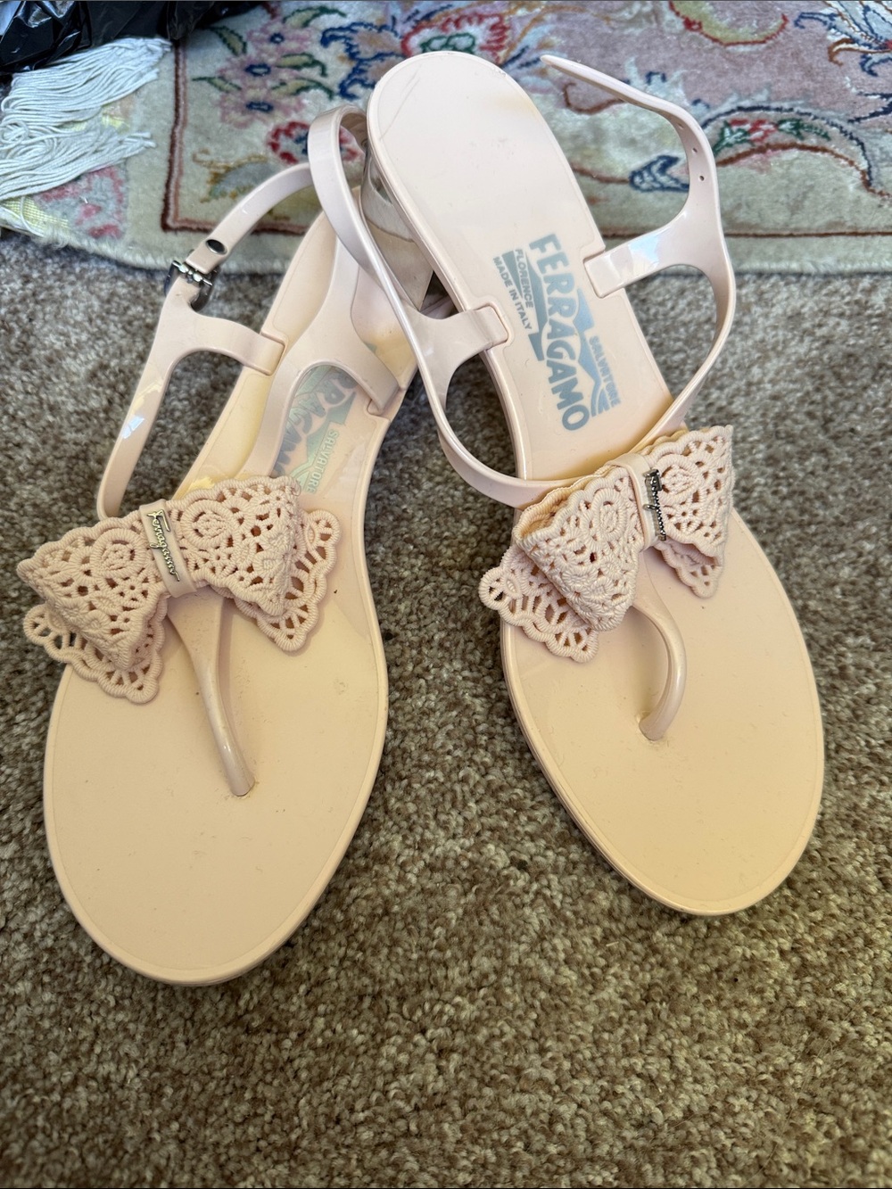 Salvatore Ferragamo Nude Pink Crochet Bow Thong Sandals